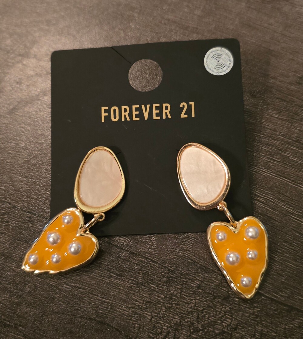 Forever 21 Drop Earrings Yellow Heart Faux Pearl Gold-Tone Jewelry